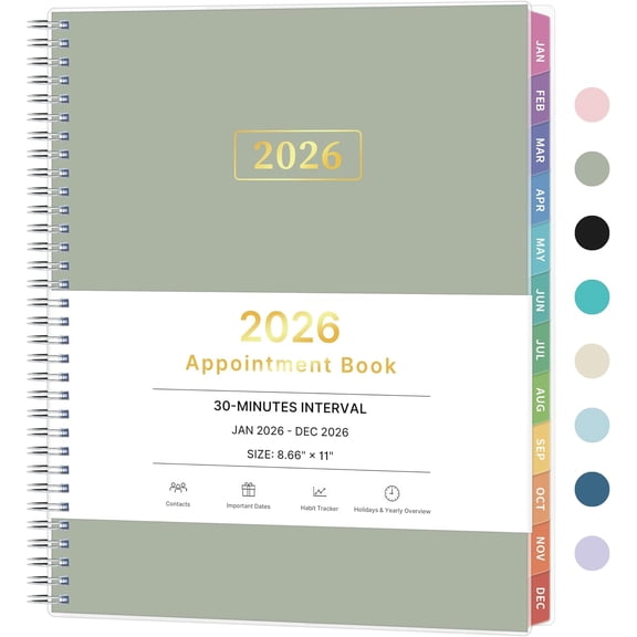 2026 Appointment Book With Tabs And Pocket, 8.5 X 11 Inch 30-Minute Hourly Weekly Monthly Planner, January To December 2026, Flexible Cover For Office Home And School Use