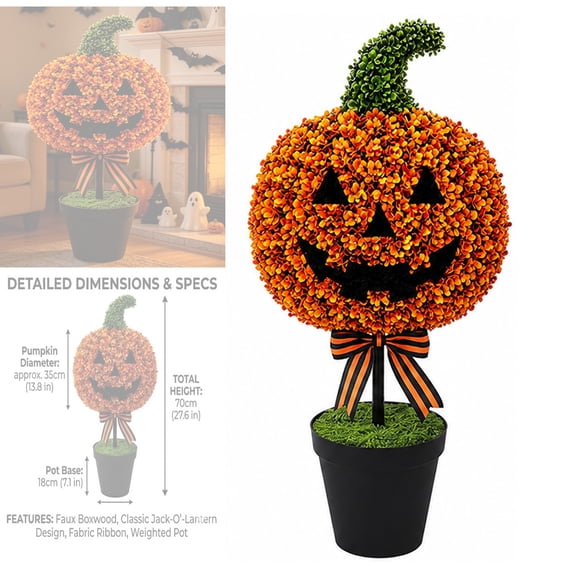 2026 Artificial Boxwood Topiary Pumpkin with Striped Bow Tree, 28" Faux Fall Holiday Jack-O-Lantern Potted Topiary Tree, Halloween Harvest Decor for Home