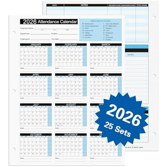 2026 Attendance Calendar Work Tracker Attendance Calendar Cards - 8.5 X 11 Cardstock/Pack of 25 Sheets$$Office