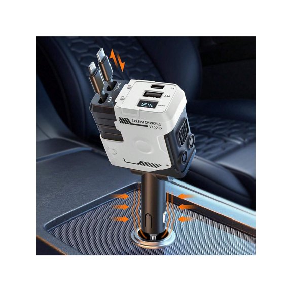 2026 Automotive Charger Industrial Design Ultra Rapid 120W, Vehicle Power Adapter Auto Retracting 4 in 1 Multi Device Cord USB C Compatible White