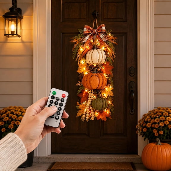 2026 Autumn LED Seasonal Pumpkin Wreaths for Front Door, Thanksgiving Fall Lighted Wreaths Decor,Halloween Garland Farmhouse Hanging Decoration for Porch, Entryway, Wall, Home Decor