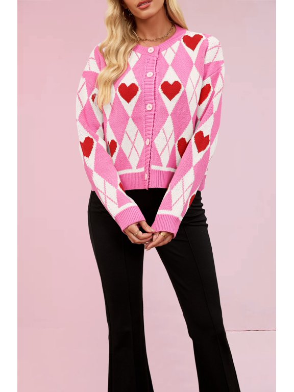 2026 Autumn/Winter New Women Heart Argyle Jacquard Knit Cardigan, Crew Neck Button Front Long Sleeve Cropped Knit Jacket for Daily Wear