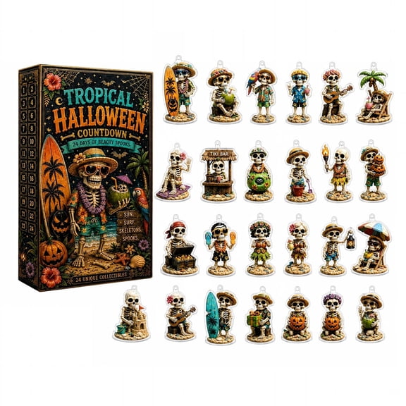 2026 Beach Vacation Skeleton Halloween Countdown Calendar, 24 Day Surprise Advent Calendar With 2D Tropical Summerween Mini Figurines For Mantel Desk Shelf Halloween Scene Decor