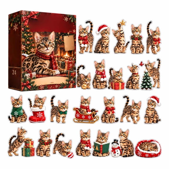 2026 Bengal Cat Advent Calendar, 24 Acrylic Leopard-Cat Ornaments in Santa Hats, Scarves, Sleigh and Tree Poses, Christmas Gift for Spotted-Cat Fans
