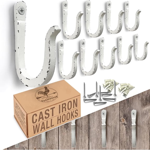 2026 Best 10 Pack Antique White Rustic Railroad Spike Cast Iron Hooks, Hand Forged Blacksmith Wall Mount Hooks, Powder Coated Rustproof Indoor Outdoor Decor Hooks for Coats Bags Plant Pots