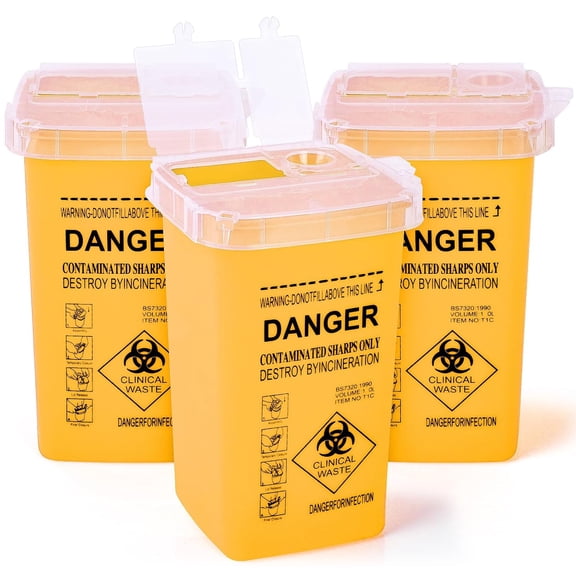 2026 Best 3 Pack Yellow 1 Quart Portable Biohazard Sharps Disposal Containers, Compact Needle Syringe Waste Storage for Household, Travel & Professional Sharp Waste Management