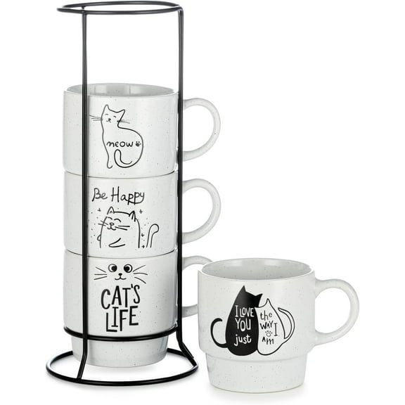 2026 Best 4 Pack 15oz Stackable Ceramic Mugs with Metal Rack, Cat Pattern Coffee Cups for Tea, Milk, Cappuccino & Hot Drinks, Home Kitchen Decor