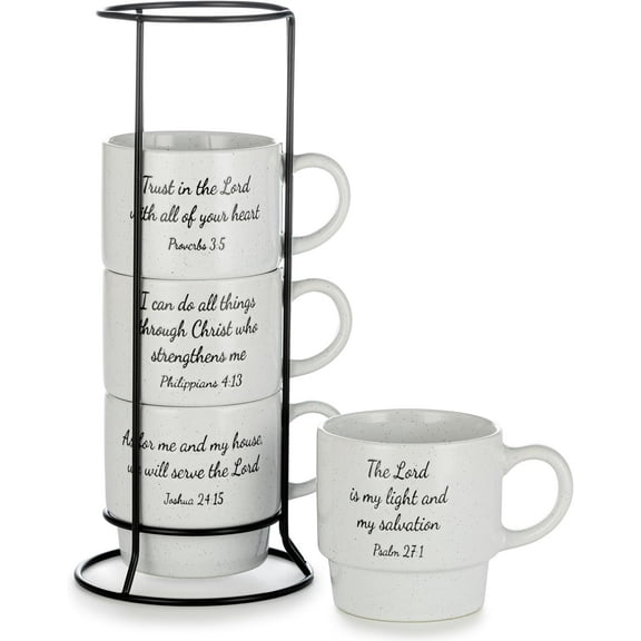 2026 Best 4 Pack 15oz Stackable Coffee Mugs with Metal Rack, Inspirational Pattern Cups for Coffee, Tea, Cocoa, Hot Drinks, Kitchen Table Daily Use