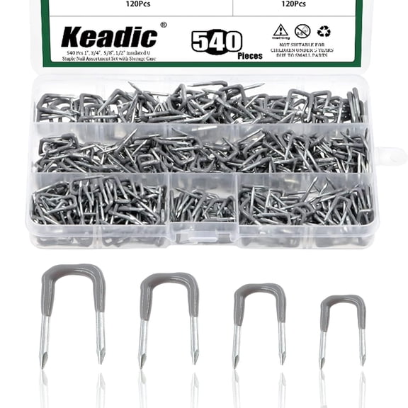 2026 Best 540Pcs Assorted Insulated U Cable Staple Nails 0.36/0.41/0.44/0.56 Inch Metal Plastic Wire Clips with Storage Case for Electrical Wire Cable Fixing