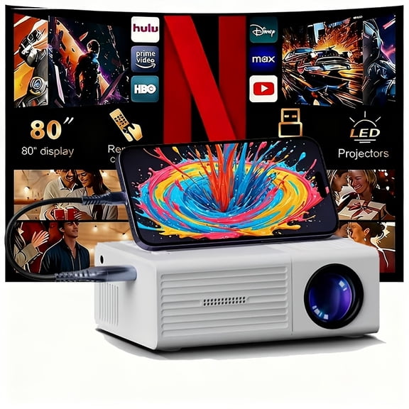 2026 Best Mini Home Projector, Supports Mobile Phone Projection, Mini Outdoor Projector, Includes Remote Control And Power Adapter, Local 1080P Resolution, Supports Up to 4K, Ideal for Bedrooms