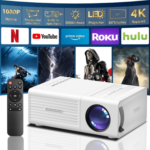 2026 Best Mini Home Projector, Supports Mobile Phone Projection, Mini Outdoor Projector, Includes Remote Control And Power Adapter, Local 1080P Resolution, Supports Up to 4K, Ideal for Bedrooms