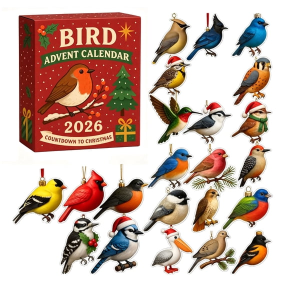 2026 Bird Advent Calendar, 24-Day Christmas Countdown Surprise Box with Collectible Single-Sided Printed Acrylic Hanging Ornaments, Nature-Themed Holiday Decor Set & Stocking Stuffer Gift for Adults
