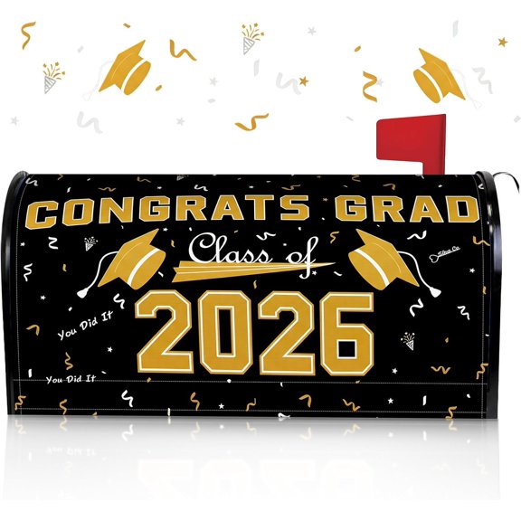 2026 Black Gold Graduation Party Decorations Mailbox Cover Magnetic Standard Size 20 x 18 Inch Class of 2026 Grad Post Box Cover Graduation Mailbox Decor for Home Outdoor Garden Supplies