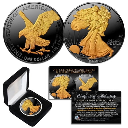 2026 Black Ruthenium Plated Coin with 24K Gold Highlights 1 oz .999 Pure Silver American Eagle with Box