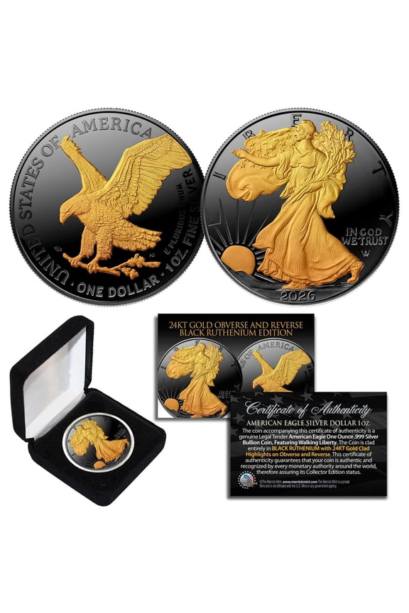 2026 Black Ruthenium Plated Coin with 24K Gold Highlights 1 oz .999 Pure Silver American Eagle with Box