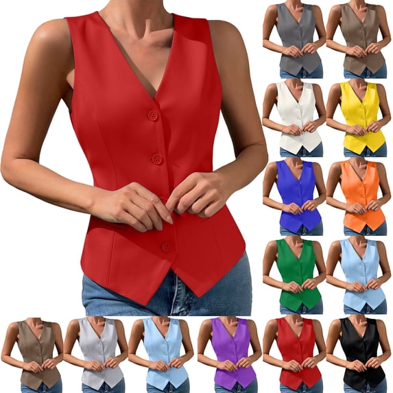 2026 Blazers for Women Women's Solid Color Button V-Neck Sleeveless Slim Tank Waistcoat Casual Blazer Tops Red L
