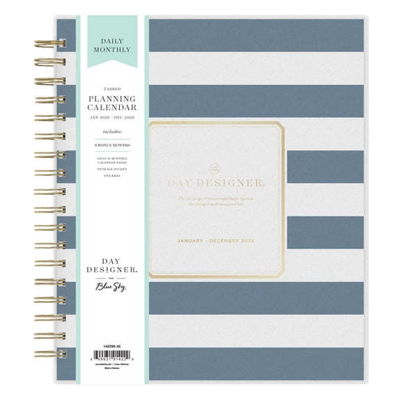 Blue Sky Day Designer 2026 Daily and Monthly Planner Calendar, January 2026 - December 2026, 8" x 10", Flexible Cover, Laminated Tabs, Includes Storage Pocket, Stickers, Rugby Stripe Navy