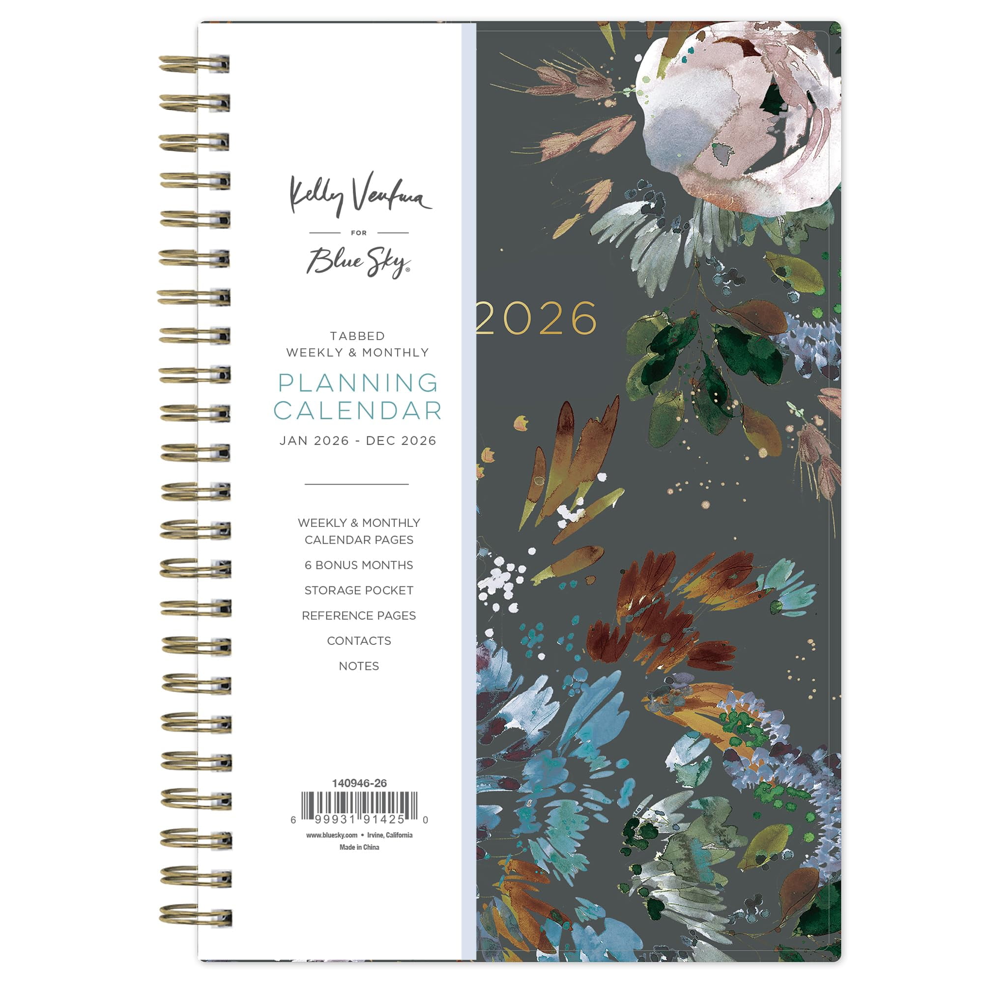 Blue Sky Kelly Ventura 2026 Weekly and Monthly Planner Calendar, January 2026 - December 2026, 5" x 8", Flexible Cover, Laminated Tabs, Durable Twin Wire Binding, Storage Pocket, Midnight Garden