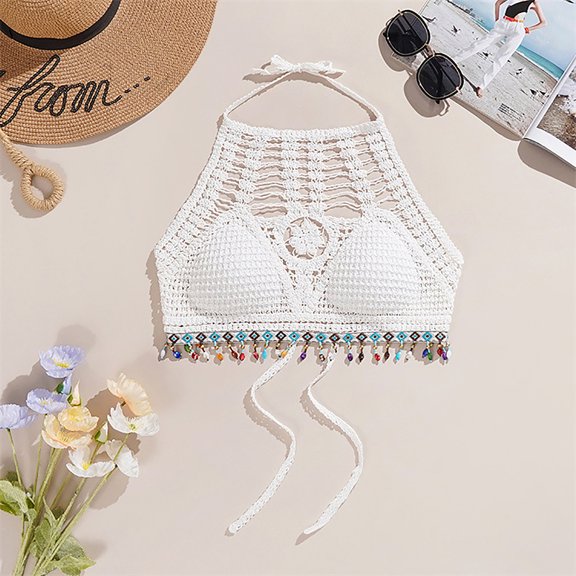 2026 Bohemian Ethnic Style Sexy Knit Backless Short Crop Top For Women Lightweight Hollow Out Crochet Tassels Hem Halter Bras Bustier
