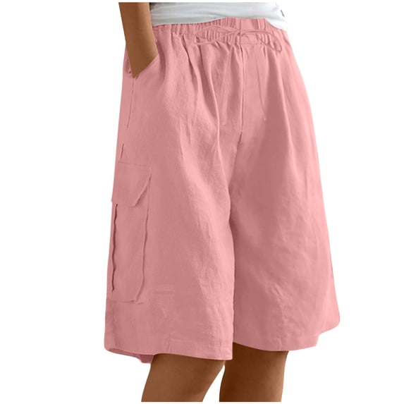 2026 Boho Shorts for Women Cotton And Linen Solid Color Loose Straight Leg Pants With Pockets And Drawstring