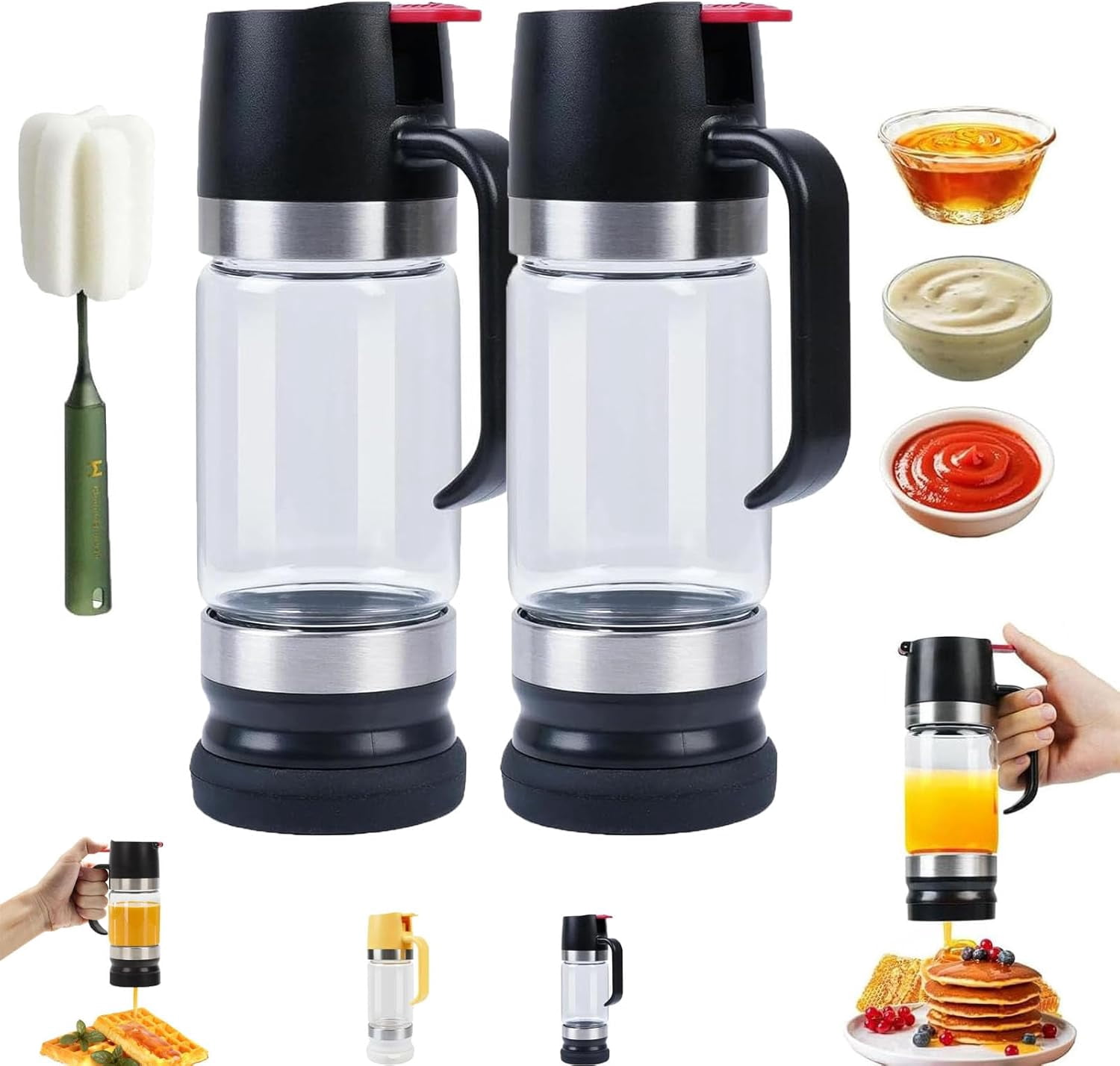2026 Boutique Kitchen Tool - No-Drip Honey Dispenser, Glass Honey Dispenser with Stand No Drip, Press Type Drip Dispenser for Honey, Coffee Syrup, Chocolate Sauce (2pcBlack,12)