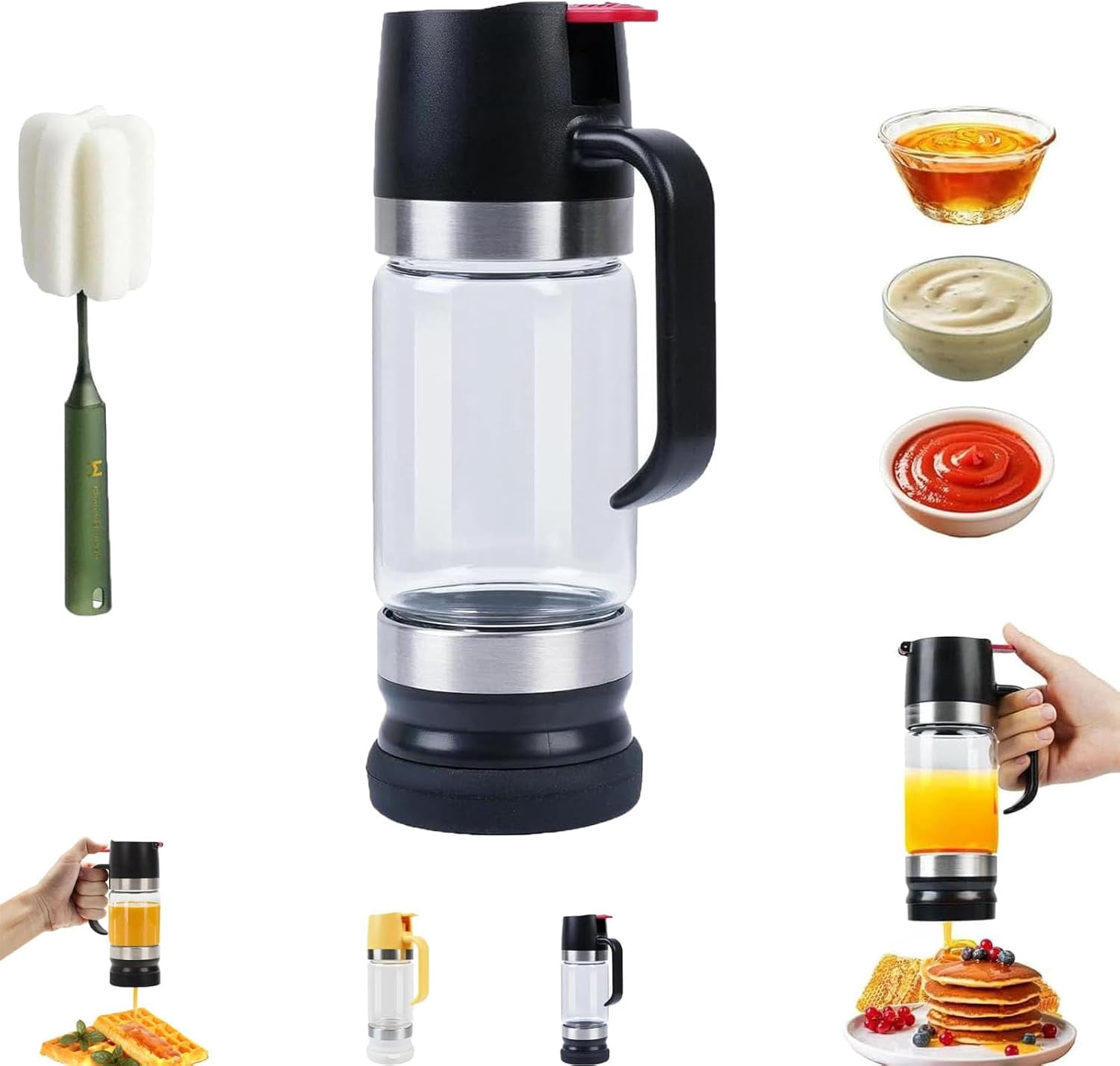 2026 Boutique Kitchen Tool - No-Drip Honey Dispenser, Glass Honey Dispenser with Stand No Drip, Press Type Drip Dispenser for Honey, Coffee Syrup, Chocolate Sauce (Black,10)