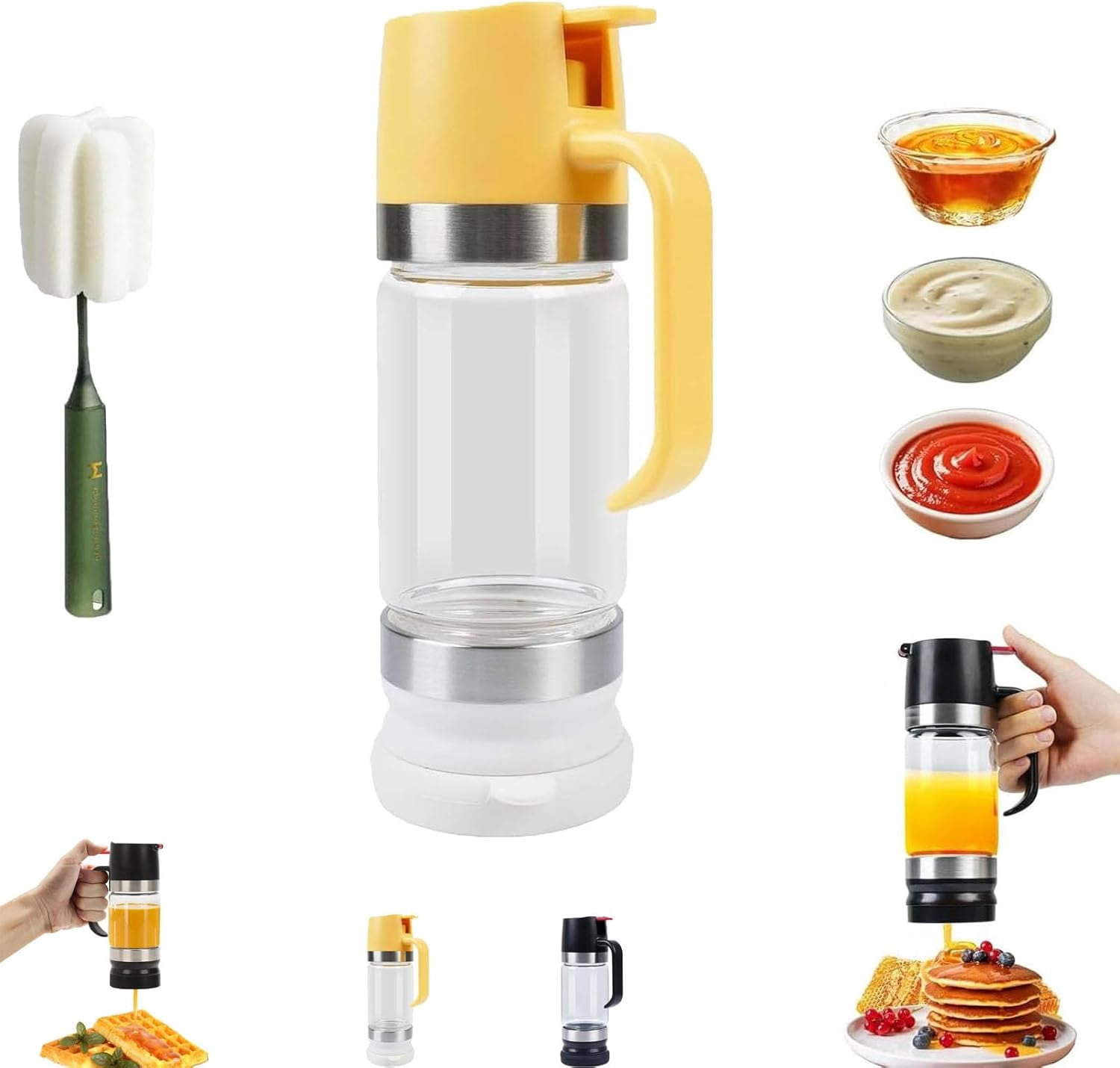 2026 Boutique Kitchen Tool - No-Drip Honey Dispenser, Glass Honey Dispenser with Stand No Drip, Press Type Drip Dispenser for Honey, Coffee Syrup, Chocolate Sauce (Yellow,12)