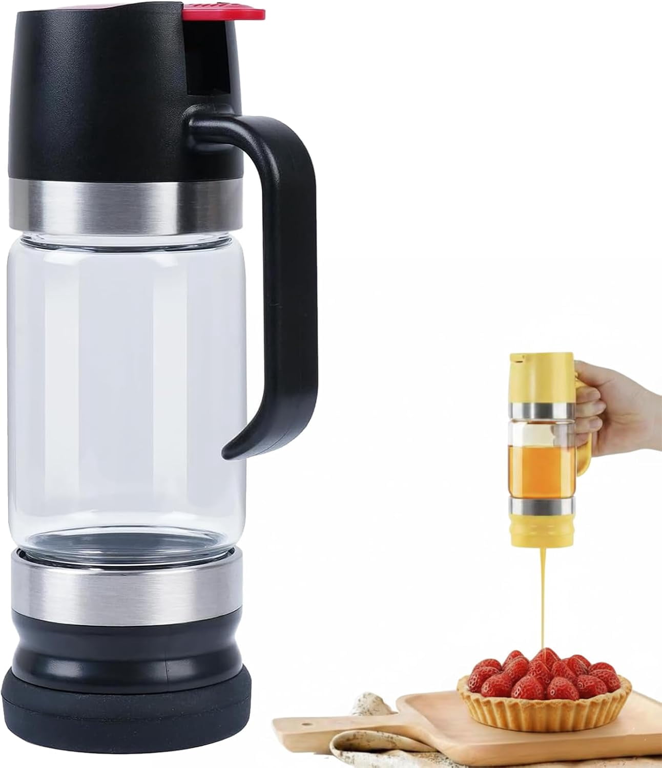2026 Boutique Kitchen Tool - No-Drip Honey Dispenser with Stand, 12 OZ Glass Honey Jar with Press Type Outlet, Mess-Free Syrup Dispenser for Coffee, Tea & Desserts, Easy One-Handed Use (Black-12OZ)
