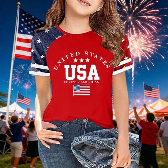 2026 Boys Girls American Flag Shirt 250th Anniversary USA Shirts 4th of July T-Shirt USA Short Sleeve Tees Tops(Red2,6-7 Years)
