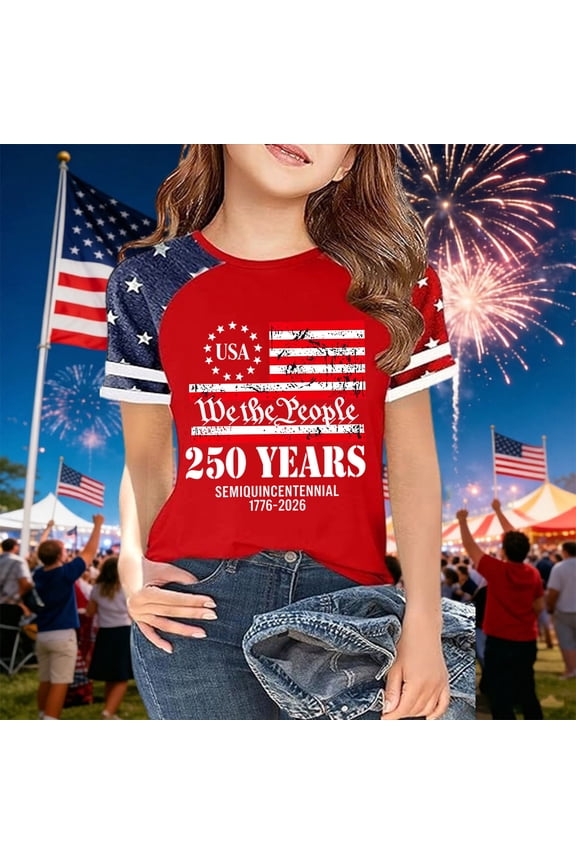 2026 Boys Girls American Flag Shirt 250th Anniversary USA Shirts 4th of July T-Shirt USA Short Sleeve Tees Tops(Red3,6-7 Years)