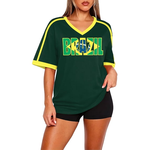 2026 Brazil Soccer Jersey for Women, V-Neck Short Sleeve Brazil Soccer Shirt, Brazil Soccer Fan Jersey for Game Day Party Casual Summer Outfit (Army Green, L)