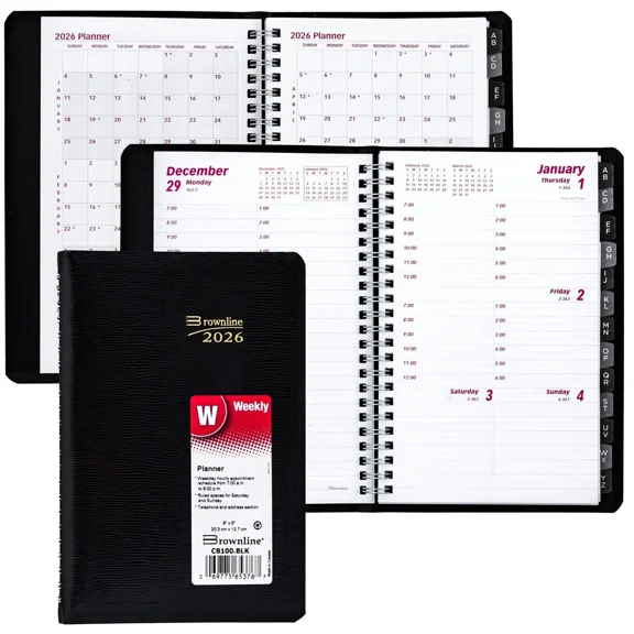 2026 Brownline Cb100.Blk Weekly Planner With Telephone Address Section, 8 X 5"