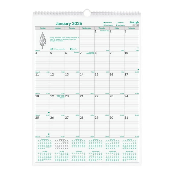 2026 Brownline EcoLogix Monthly Wall Calendar, 12" x 17", 100% Recycled, Green/White, January to December, C171103
