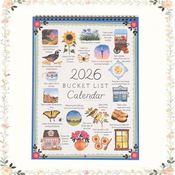 2026 Bucket List Calendar  Inspirational Goal Planner with Illustrated Monthly Pages, Mindful Living, Goal Setting & Unique Gift, Spiral Wall Calendar