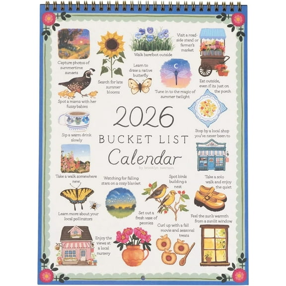 2026 Bucket List Calendar, Inspirational Goal-Set Hanging Wall Calendar with Monthly Bucket List Activities, Motivational Artwork & Seasonal Adventures for Home Office Organization New Year 2026
