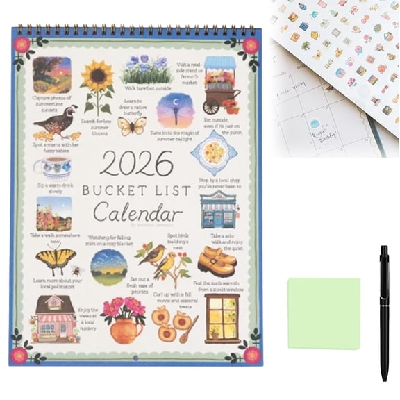 2026 Bucket List Calendar, Inspirational Goal-Setting Hanging Wall Calendar with Illustrated Pages & DIY-Friendly Design, Motivational Artwork & Seasonal Adventures (1Pc)