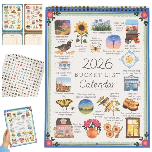 2026 Bucket List Calendar Inspirational Goal Setting Wall Calendar with Monthly Activities Motivational Artwork Spiral Bound for Home Office Mindful Living Gift