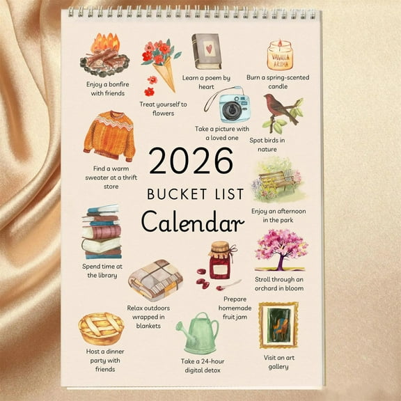 2026 Bucket List Monthly Calendar – 12-Inch Sturdy Paper Wall Hanging with Vintage Art, Goal Prompts & Stickers for Home Office Organization Style B-1PC