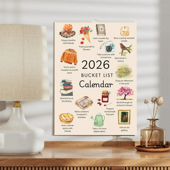 2026 Bucket List Wall Calendar – 12-Inch Vintage Art Design with Monthly Goal Prompts, Spiral Hanging Planner for Home & Office Organization Style B-1PC