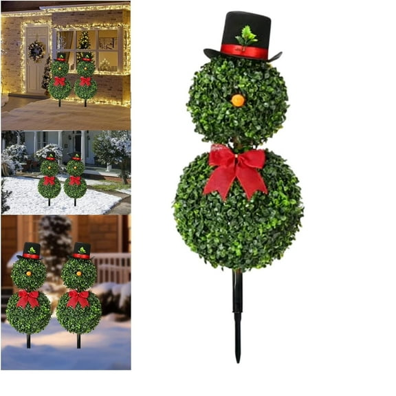 2026 CISIL & Christmas Snowman Topiary 30IN, Artificial Snowman Shaped Topiary Tree, 85cm Snowman Christmas Tree Ground Plug Decoration with Red Bow Santa Hat, Indoor Outdoor Boxwood for Home