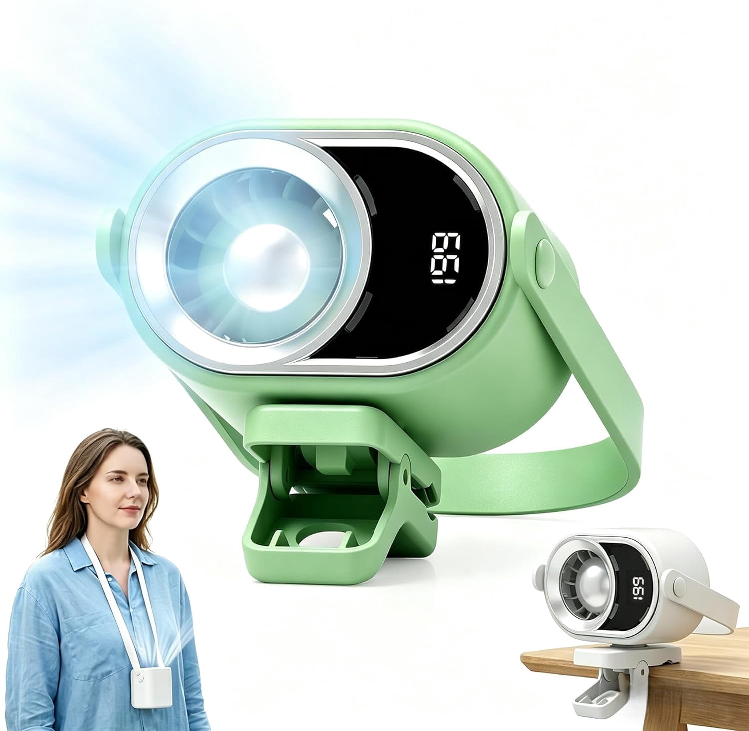 2026 Car Clip on Air Conditioner Fan with LED Display, 360° Rotation 199 Speed Adjustable USB Rechargeable Personal Cooling Fan, Portable Mini Cooling System for Auto Vehicle Travel Office (1, Green)