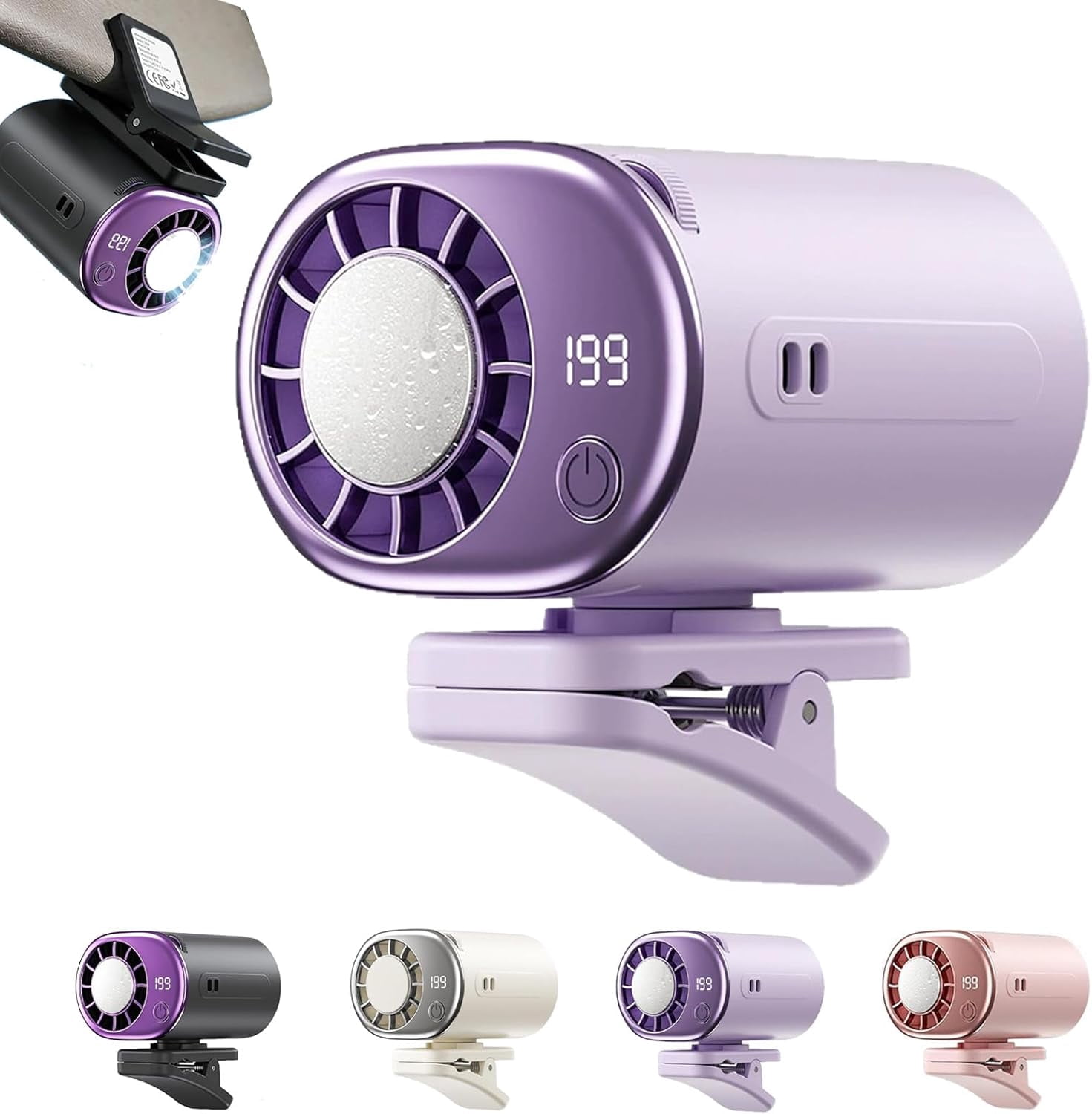 2026 Car Clip On Air Conditioner Fan with LED Display, 360° Rotation & 199 Speeds Adjustable, USB Rechargeable Personal Cooling Fan with 16℃ Semi-Cooling and Detachable Wide Clamp (Purple)
