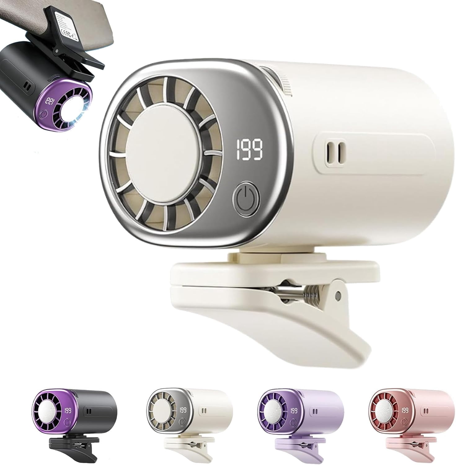 2026 Car Clip On Air Conditioner Fan with LED Display, 360° Rotation & 199 Speeds Adjustable, USB Rechargeable Personal Cooling Fan with 16℃ Semi-Cooling and Detachable Wide Clamp (White)