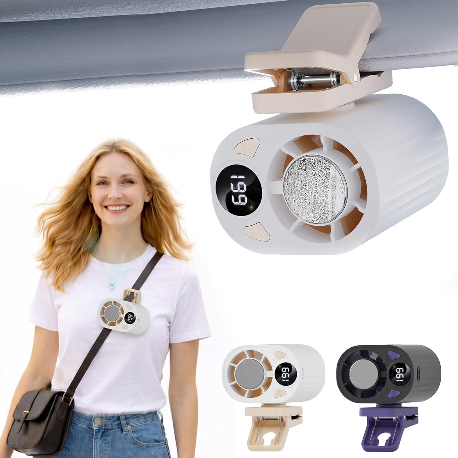 2026 Car Clip on Air Conditioner Fan with LED Display - 360° Rotation, 199 Speeds & Semi-Cooling Technology, USB Rechargeable Personal Fan, Hands-Free Clip on Fan for Cars, Work, Camping (C-White)