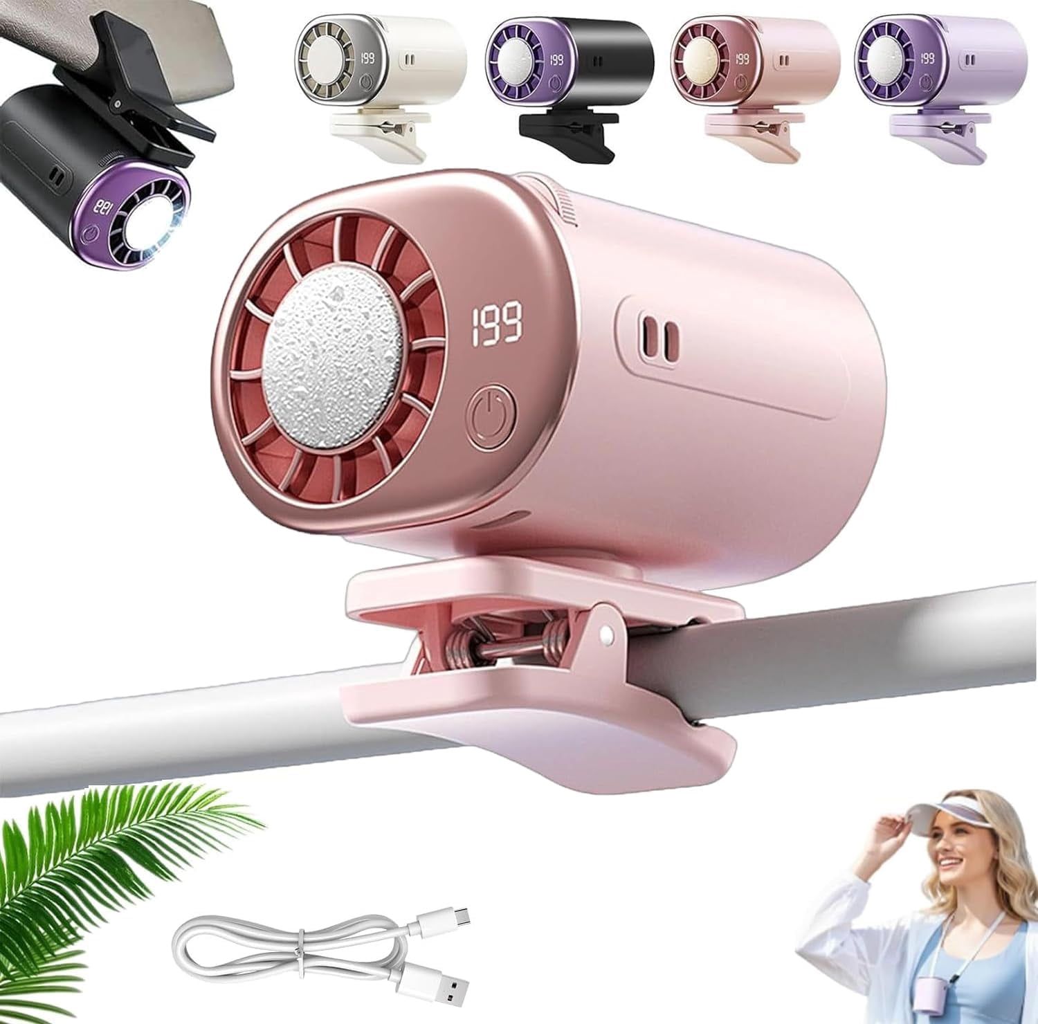2026 Car Clip On Air Conditioner Fan With LED Display - 360° Rotation Adjustable 199 Speeds,Portable USB Rechargeable Personal Cooling Mini Fans for Office, Bike, Beach
