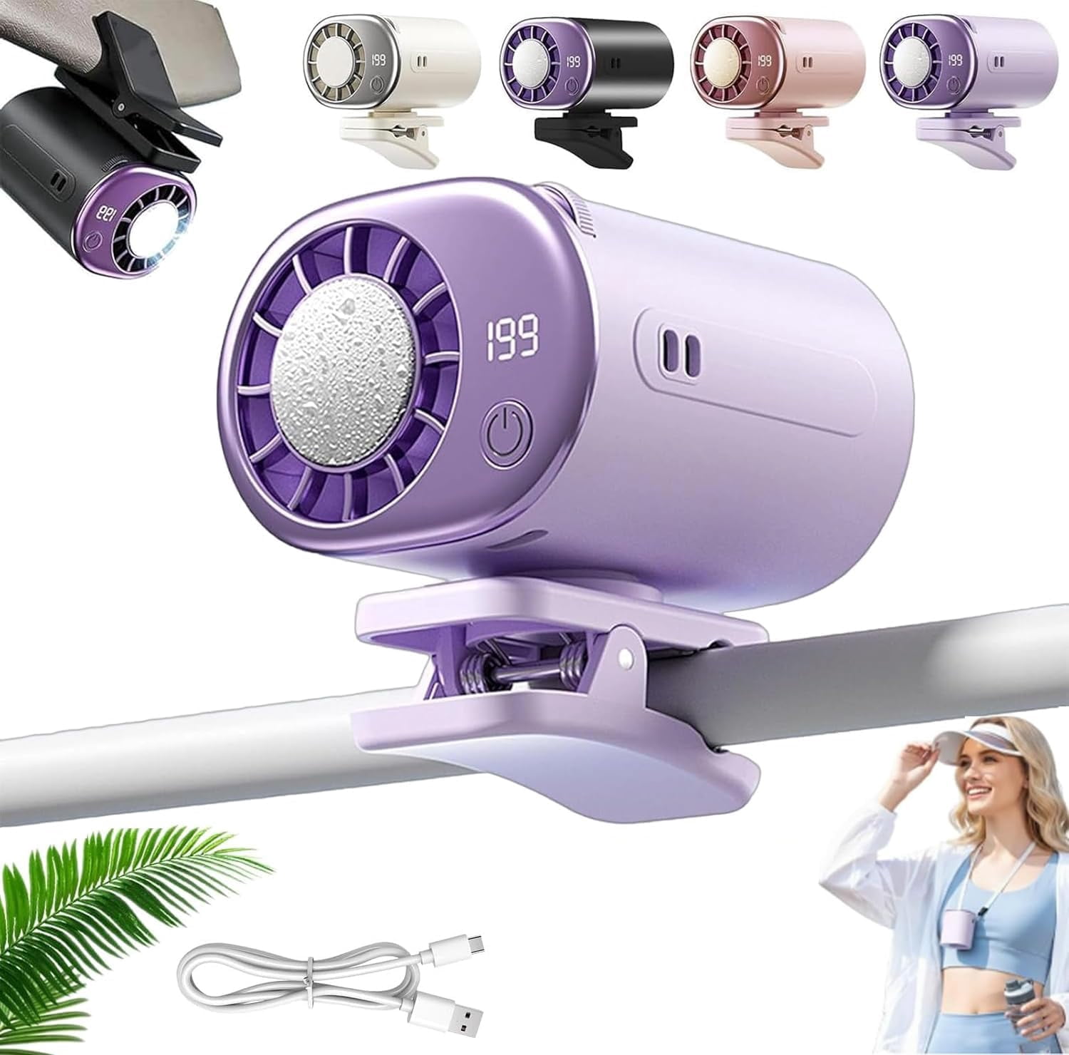 2026 Car Clip On Air Conditioner Fan With LED Display - 360° Rotation Adjustable 199 Speeds,Portable USB Rechargeable Personal Cooling Mini Fans for Office, Bike, Beach
