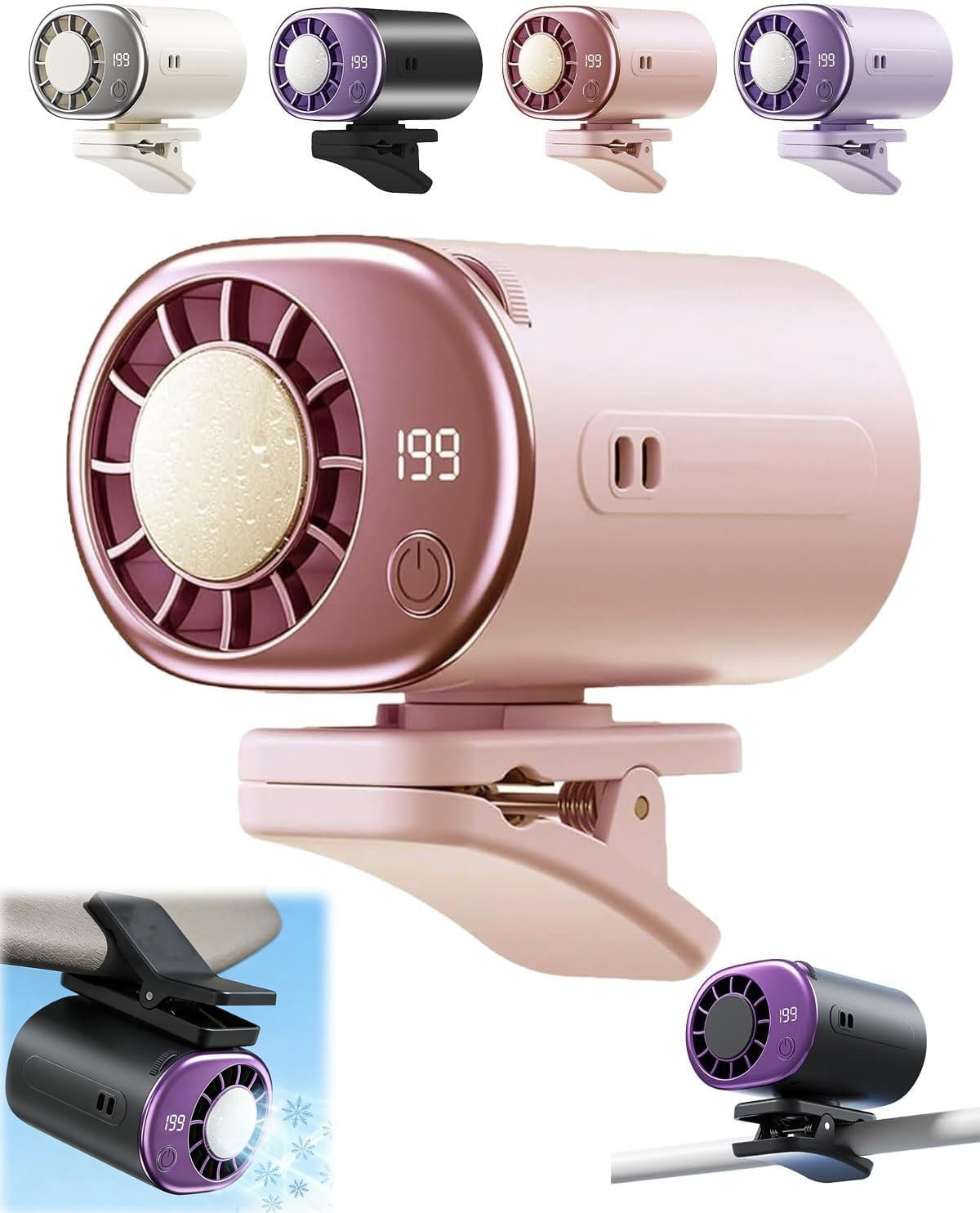 2026 Car Clip on Air Conditioner Fan with LED Display, Portable Mini Cooling System for Auto Vehicle, USB Rechargeable Battery Powered Gadget,16 Semi-Cooling Wide Clamp(Pink)