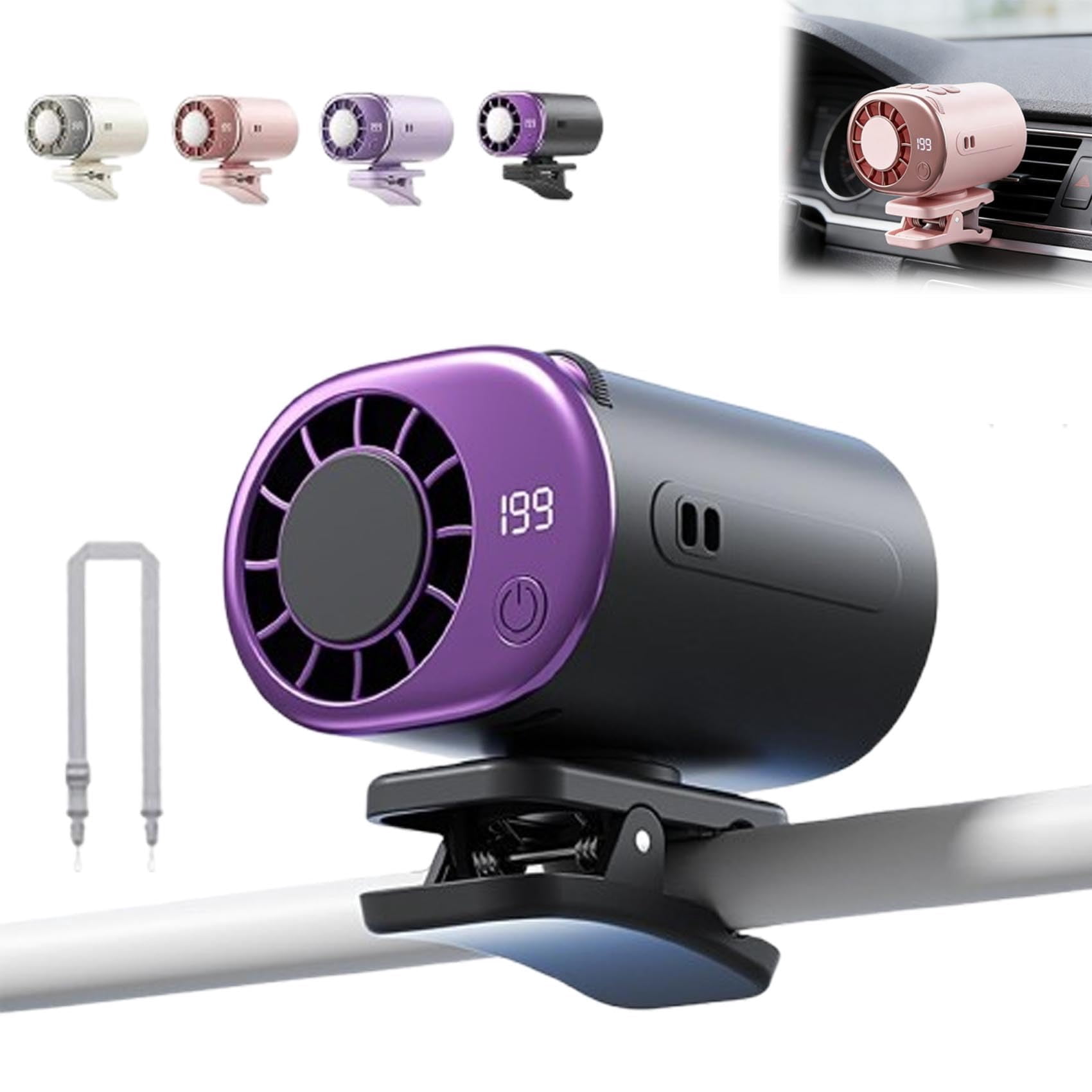 2026 Car Clip-On Air Vent Fan with LED Display, Rechargeable Backseat Cooling Fan, 360° Rotatable, Adjustable Speed, Quiet USB Powered Fan for Road Trips & Summer Driving