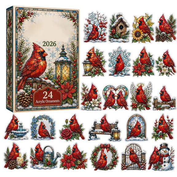 2026 Cardinal Advent Calendar Countdown with 24 Acrylic Ornaments,2D Winter Garden Theme for Christmas Tree Holiday Decor,Mystery Gift Box Set