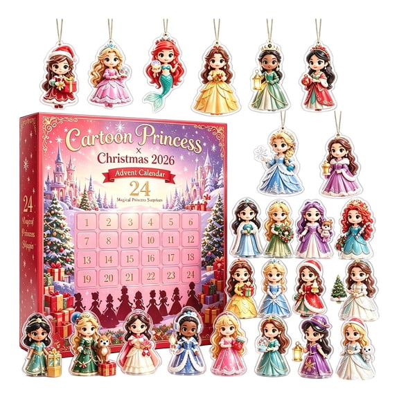 2026 Cartoon Princess Christmas Advent Calendar, 24 Days Xmas Countdown Calendar Cute Princess 2D Acrylic Ornaments, Collectible Surprise Gift Box Stocking Stuffer for Girls Kids Teens